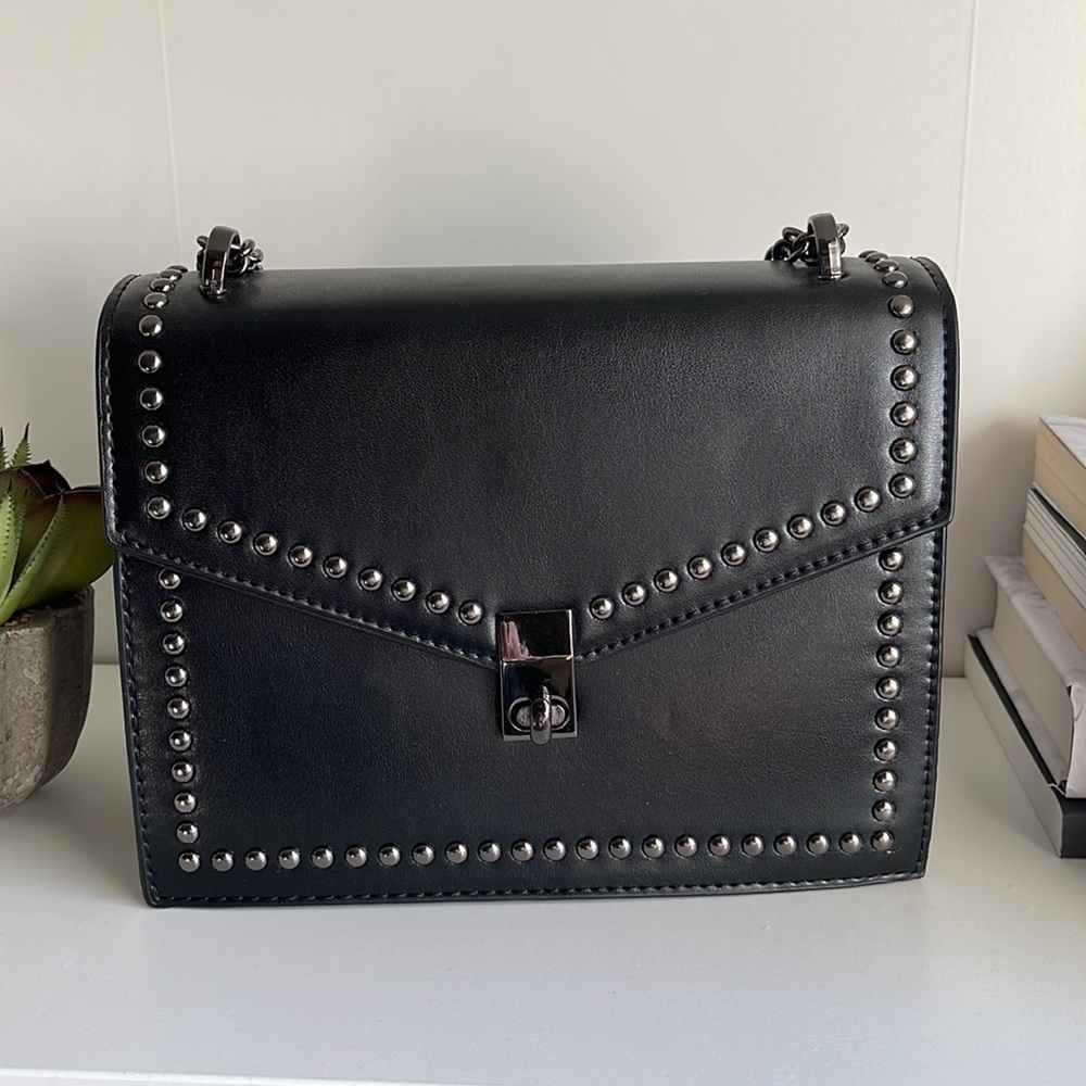 Studded Black Leather Crossbody Bag - Women's Shoulder Purse - Picture 6 of 9